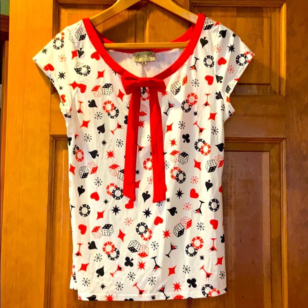 High roller casino print bow blouse NWOT